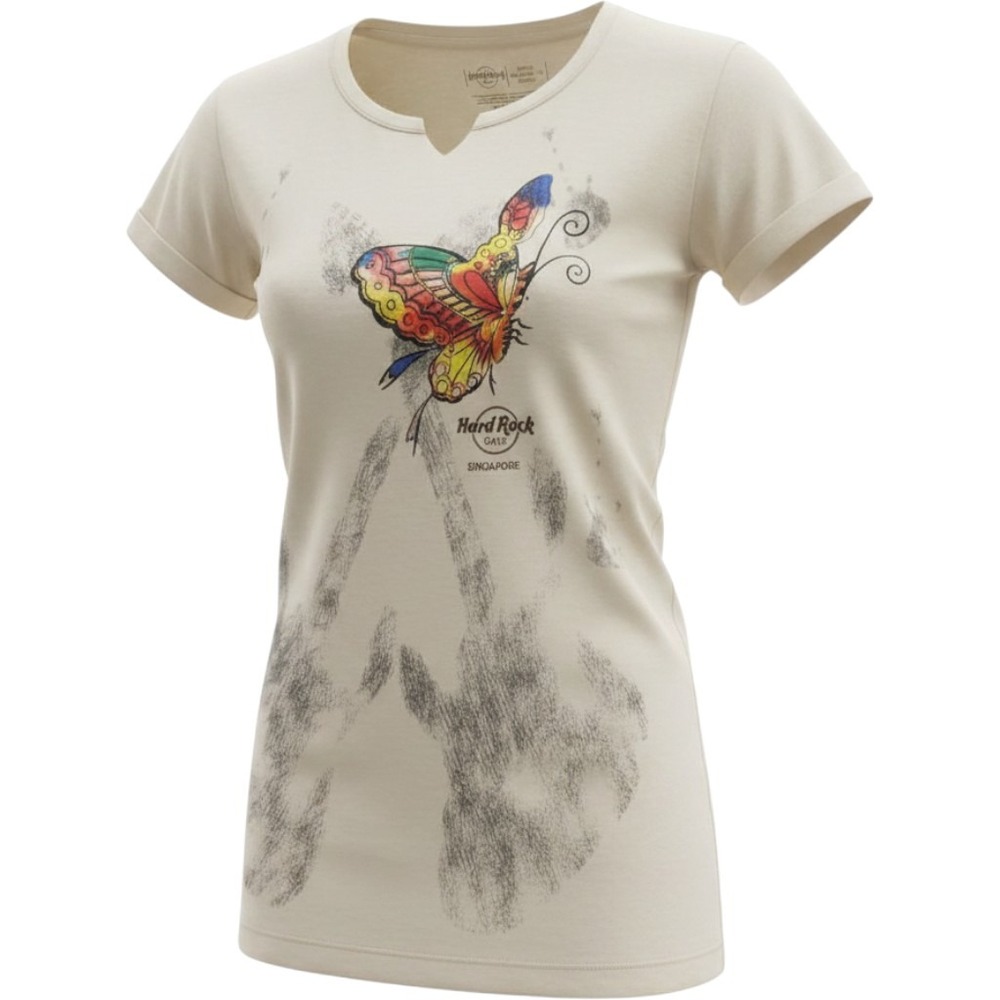 Hard Rock Cafe Singapore Womens L Organic Cotton T-Shirt Butterfly Graphic Tee